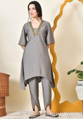 Grey Yoke Design Blended Kurta Set