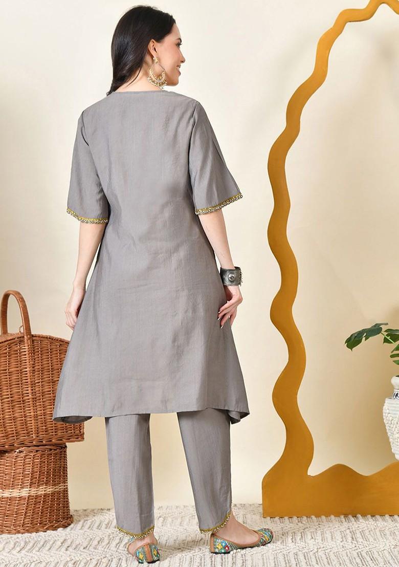 Grey Yoke Design Blended Kurta Set - Indya
