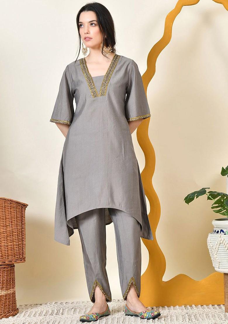 Grey Yoke Design Blended Kurta Set - Indya