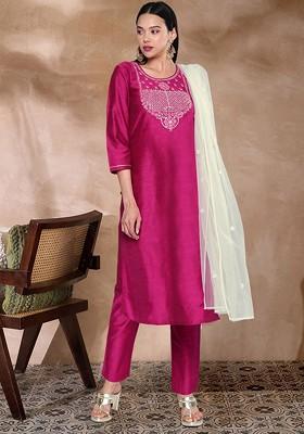 Magenta Embroidered Blended Kurta Set
