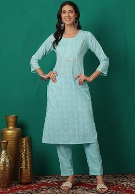 Turquoise Blue Printed Blended Kurta Set