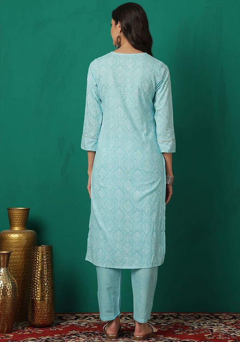 Turquoise Blue Printed Blended Kurta Set - Indya