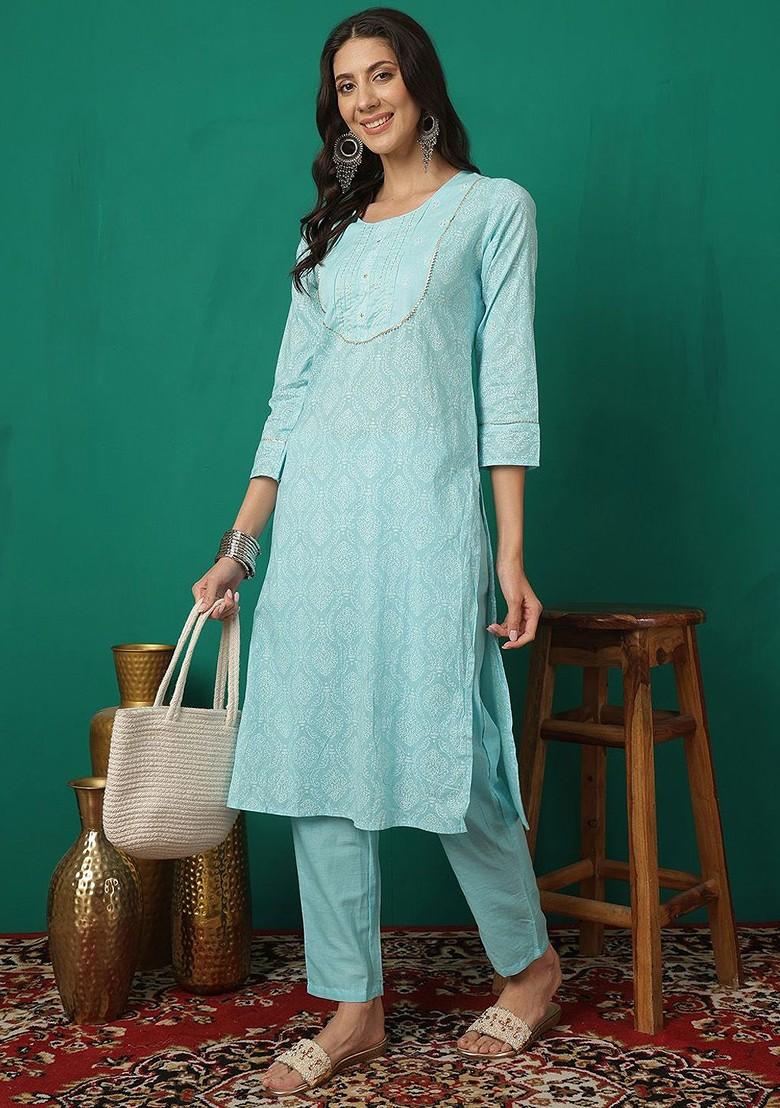 Turquoise Blue Printed Blended Kurta Set - Indya