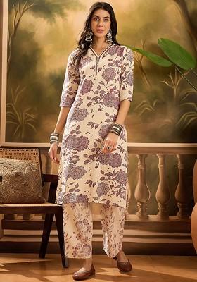 Cream Printed Blended Kurta Set