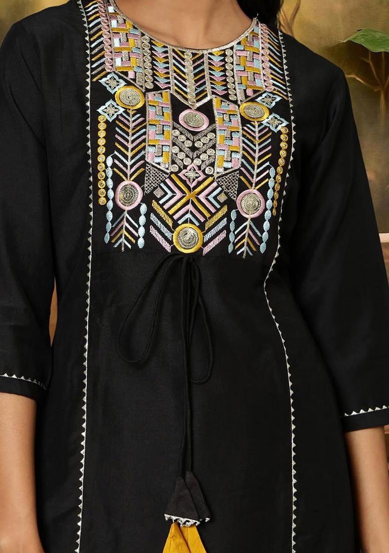 Black Embroidered Blended Kurta Set - Indya