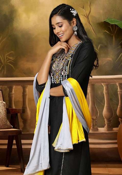 Black Embroidered Blended Kurta Set