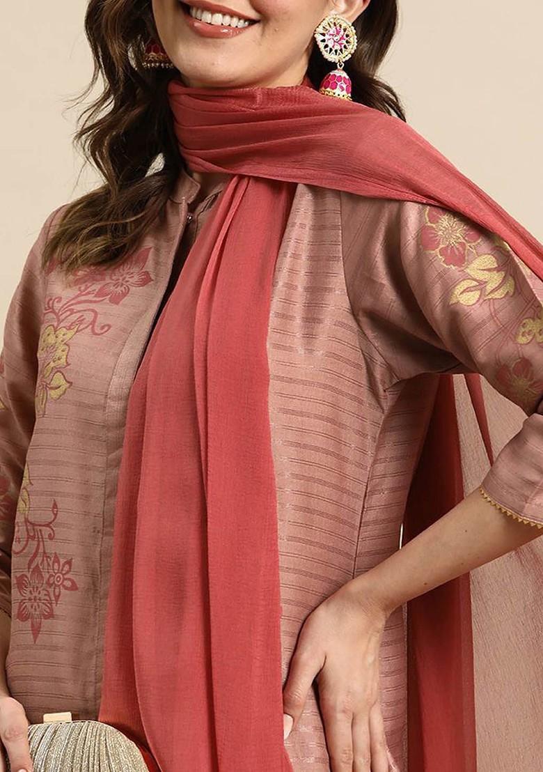 Pink Printed Blended Kurta Set - Indya