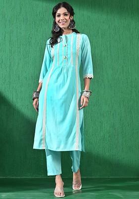 Blue Embroidered Blended Kurta Set