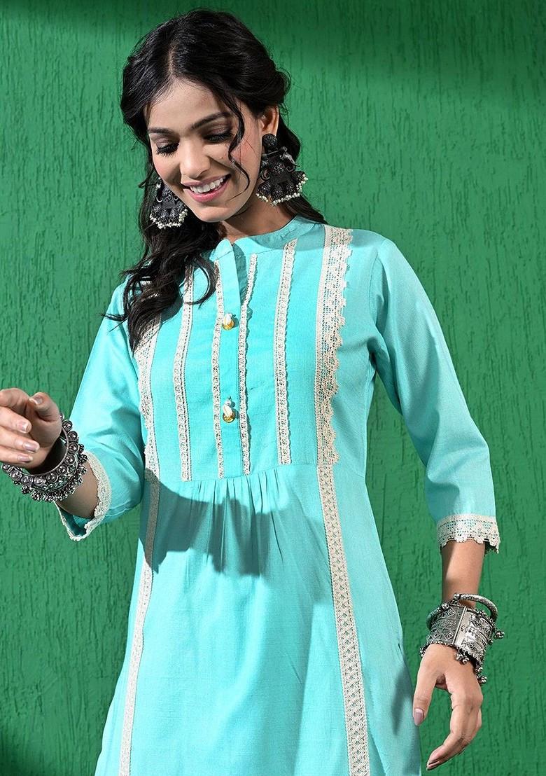 Blue Embroidered Blended Kurta Set - Indya