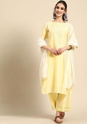 Yellow Printed Blended Kurta Set