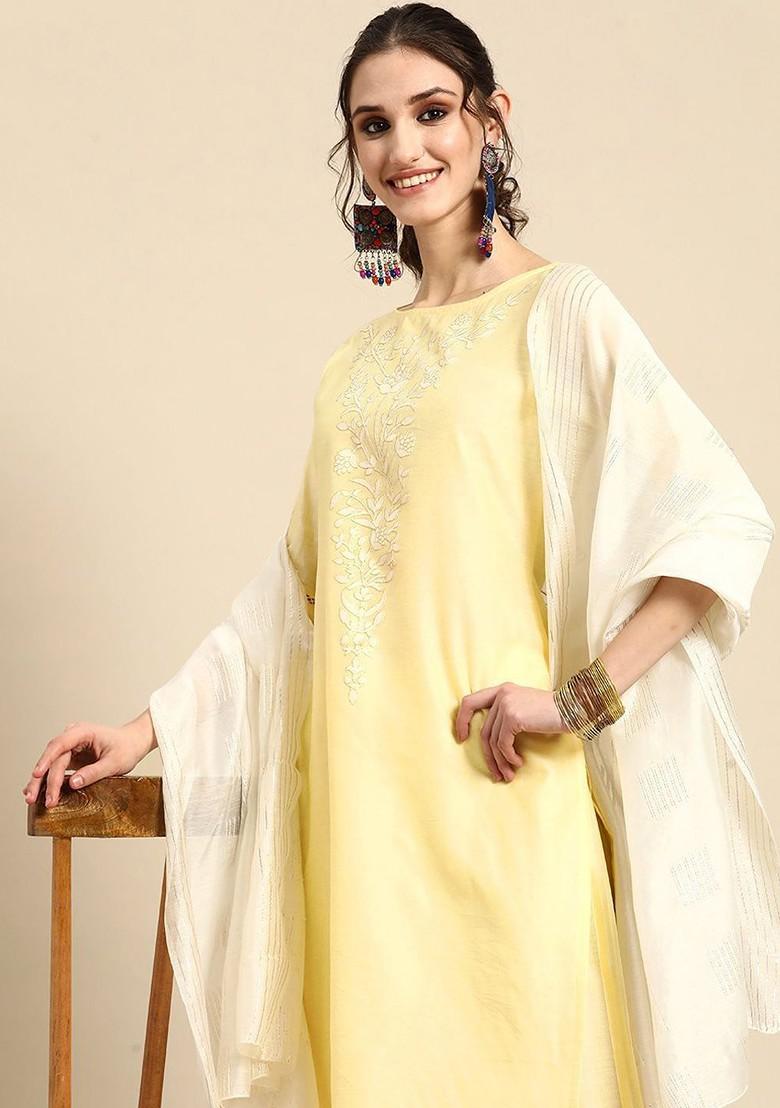 Yellow Printed Blended Kurta Set - Indya