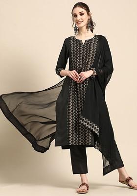 Black Printed Blended Kurta Set