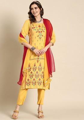 Yellow Printed Blended Kurta Set
