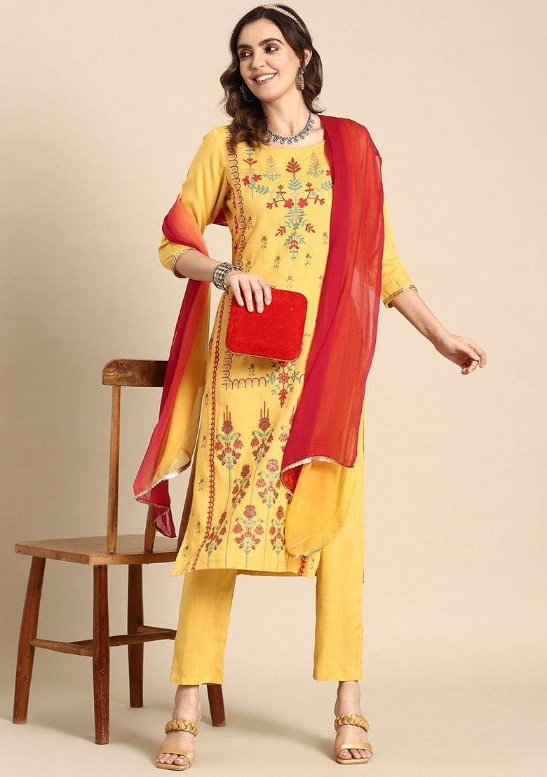 Yellow Printed Blended Kurta Set - Indya