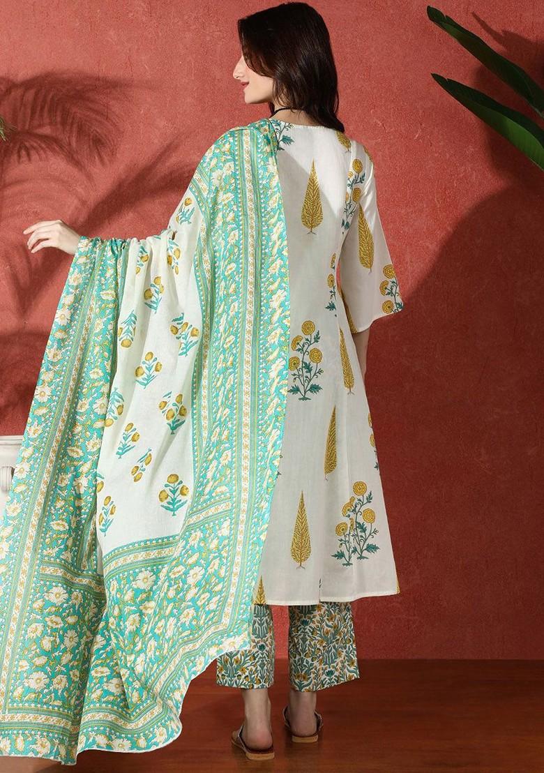 Yellow Printed Blended Kurta Set - Indya