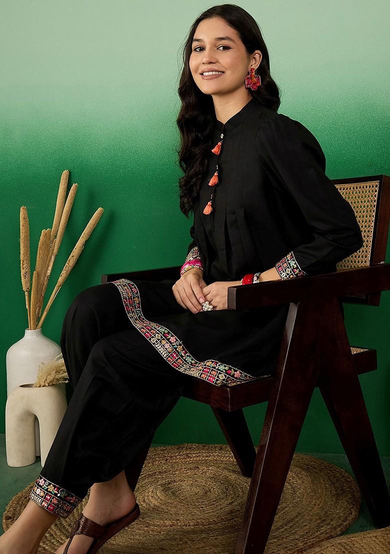 Black Embroidered Blended Kurta Set - Indya