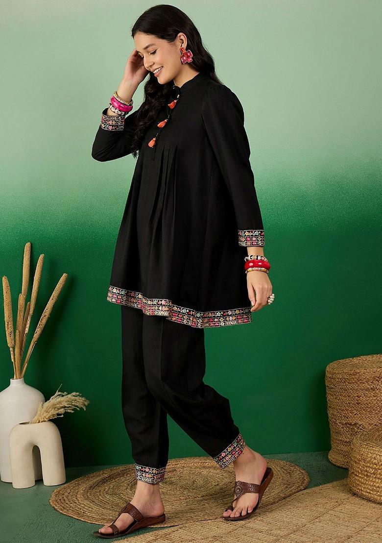 Black Embroidered Blended Kurta Set - Indya