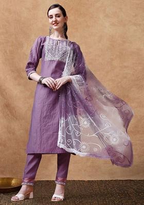 Lavender Embroidered Blended Kurta Set