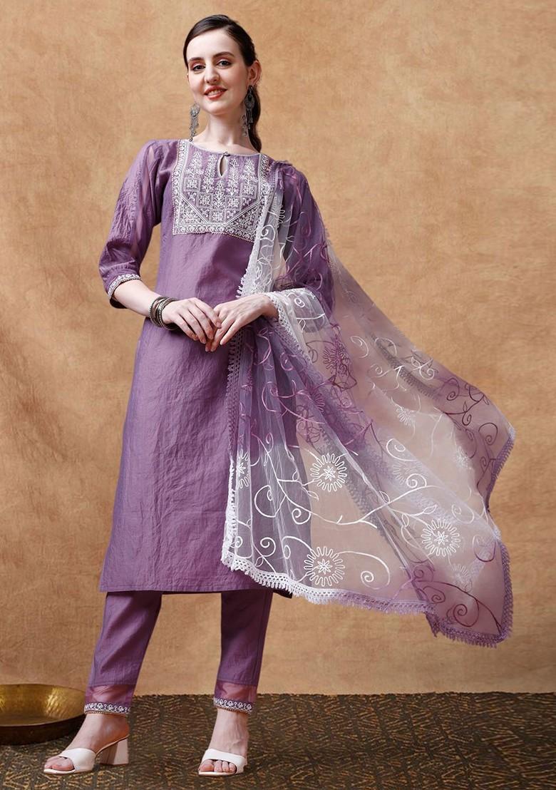 Lavender Embroidered Blended Kurta Set - Indya