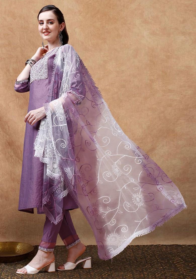 Lavender Embroidered Blended Kurta Set - Indya