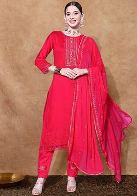 Red Embroidered Blended Kurta Set