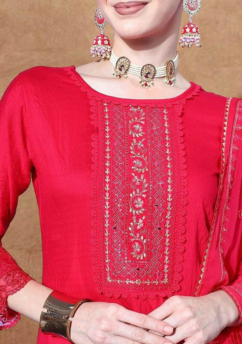 Red Embroidered Blended Kurta Set - Indya