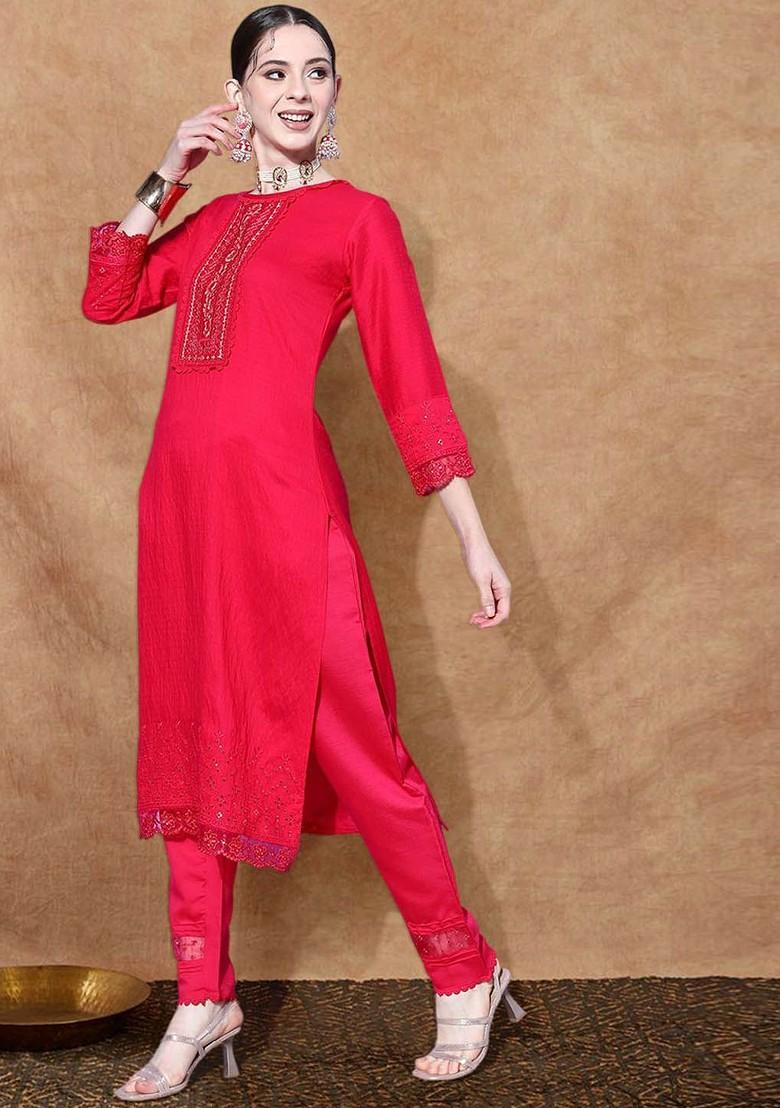 Red Embroidered Blended Kurta Set - Indya