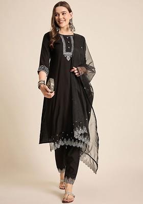 Black Embroidered Blended Kurta Set