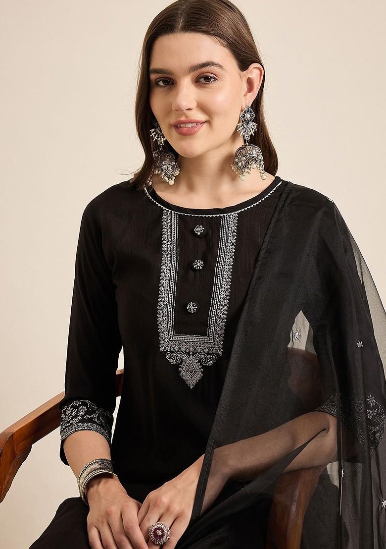 Black Embroidered Blended Kurta Set - Indya