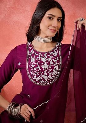 Purple Embroidered Blended Kurta Set