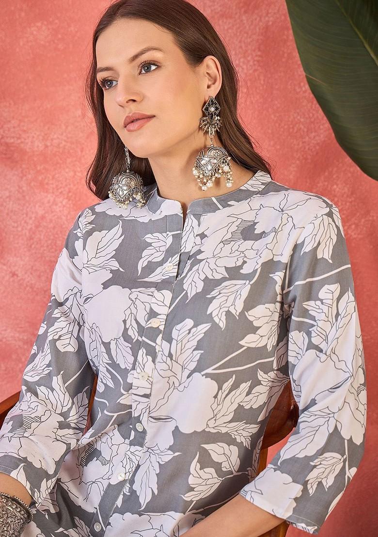 Grey Printed Blended Kurta Set - Indya