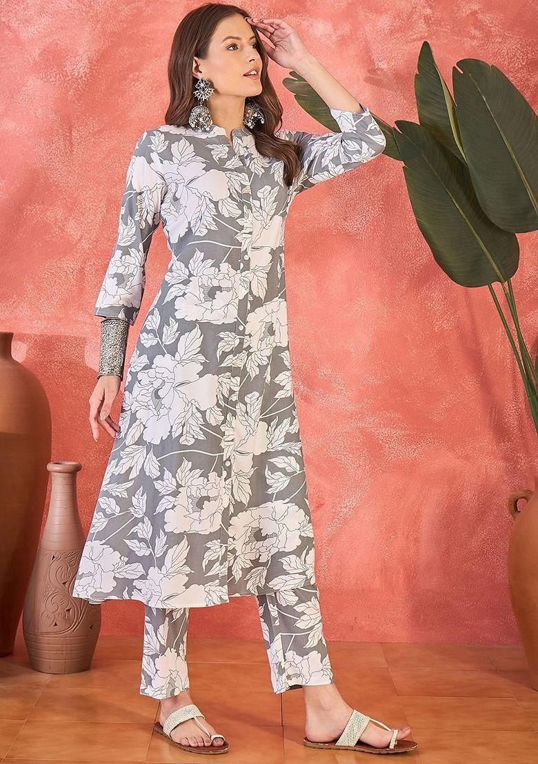 Grey Printed Blended Kurta Set - Indya