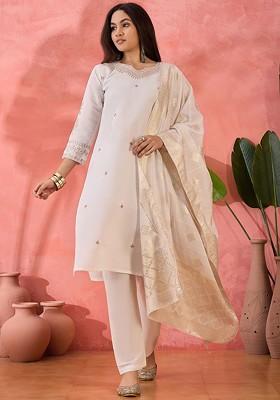 White Embroidered Blended Kurta Set