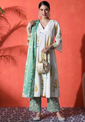 Off White Printed Blended Kurta Set