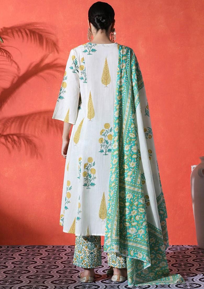 Off White Printed Blended Kurta Set - Indya