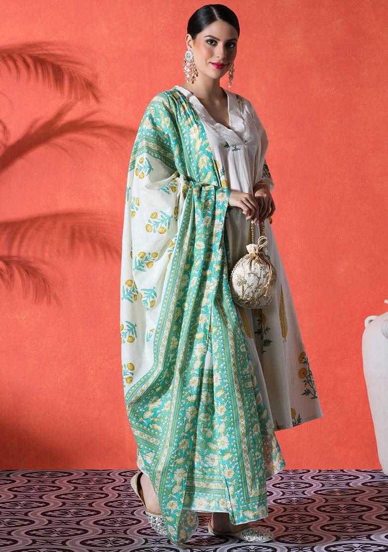 Off White Printed Blended Kurta Set - Indya