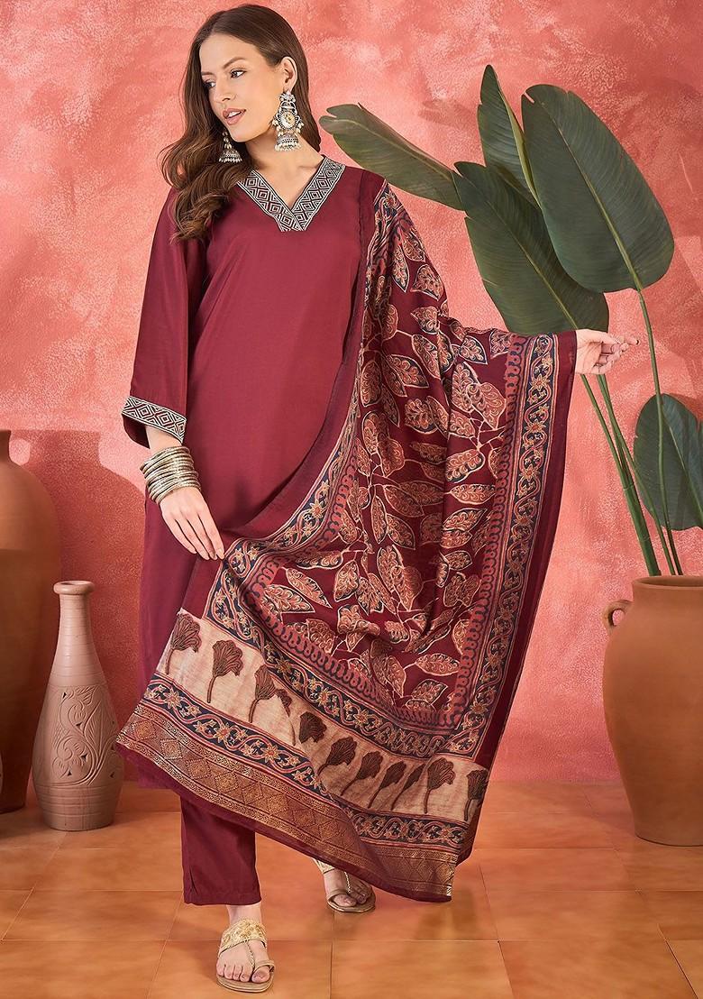 Maroon Yoke Design Blended Kurta Set - Indya