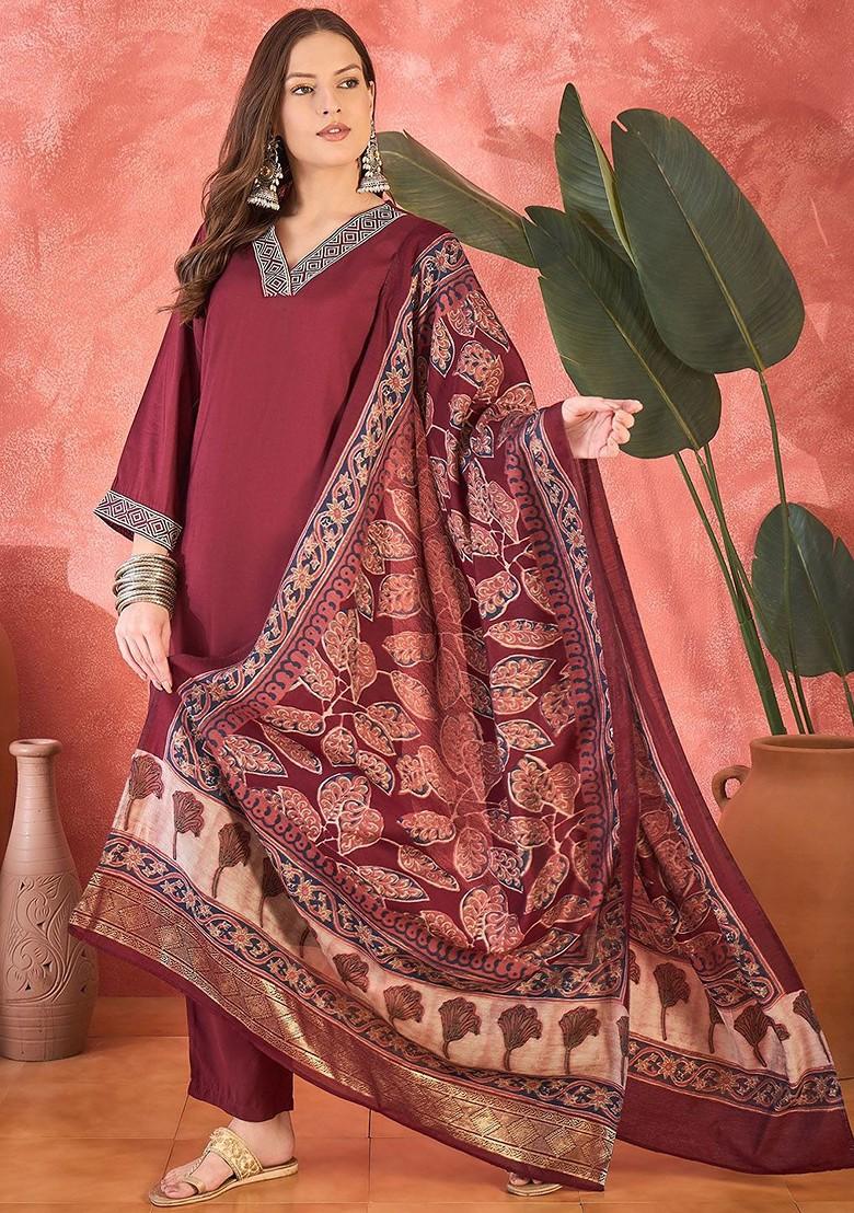 Maroon Yoke Design Blended Kurta Set - Indya