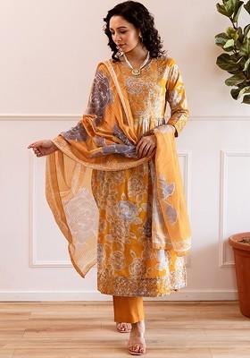 Mustard Embroidered Blended Kurta Set
