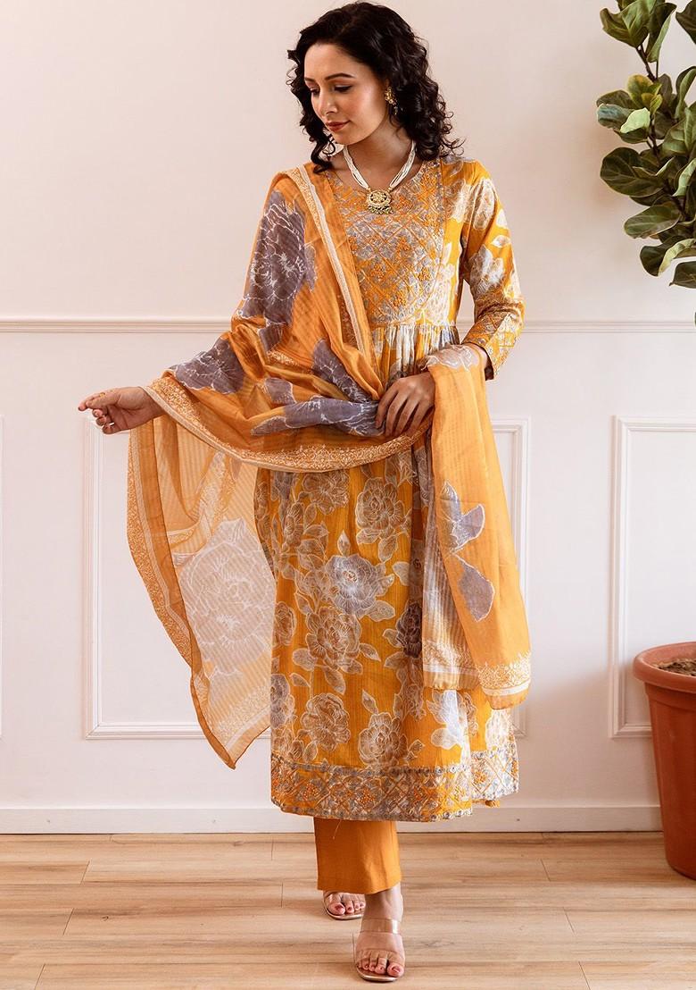 Mustard Embroidered Blended Kurta Set - Indya