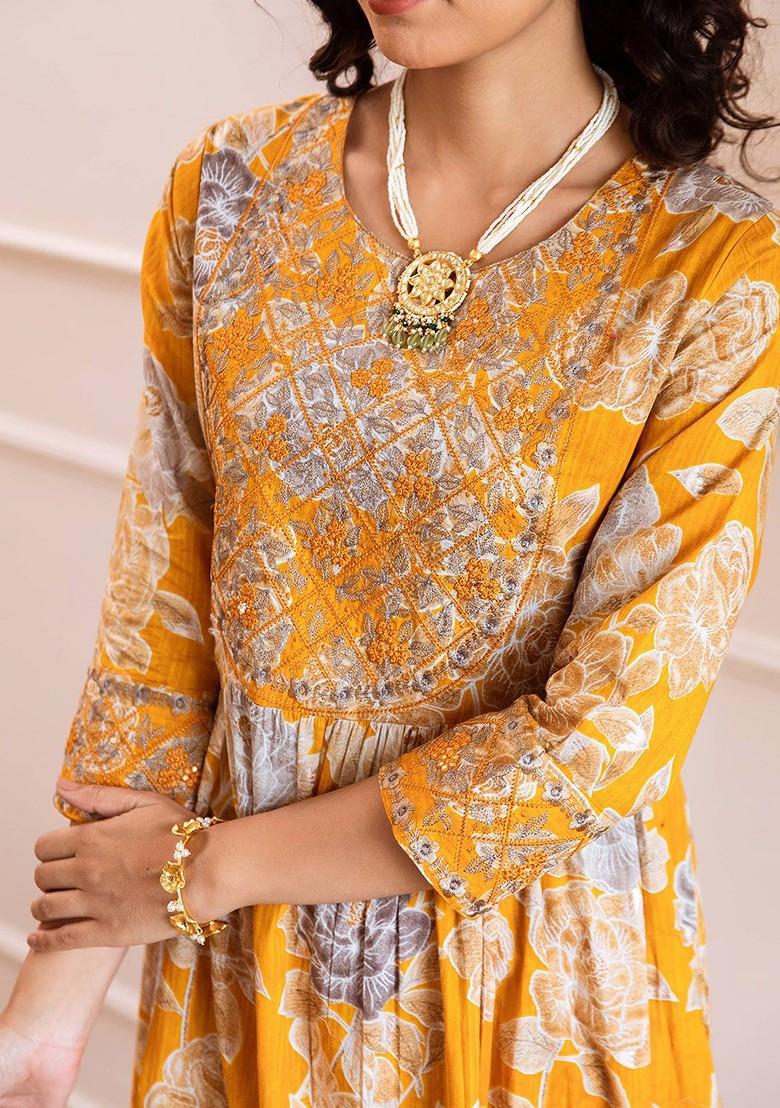 Mustard Embroidered Blended Kurta Set - Indya