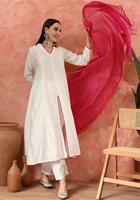 White Solid Blended Kurta Set