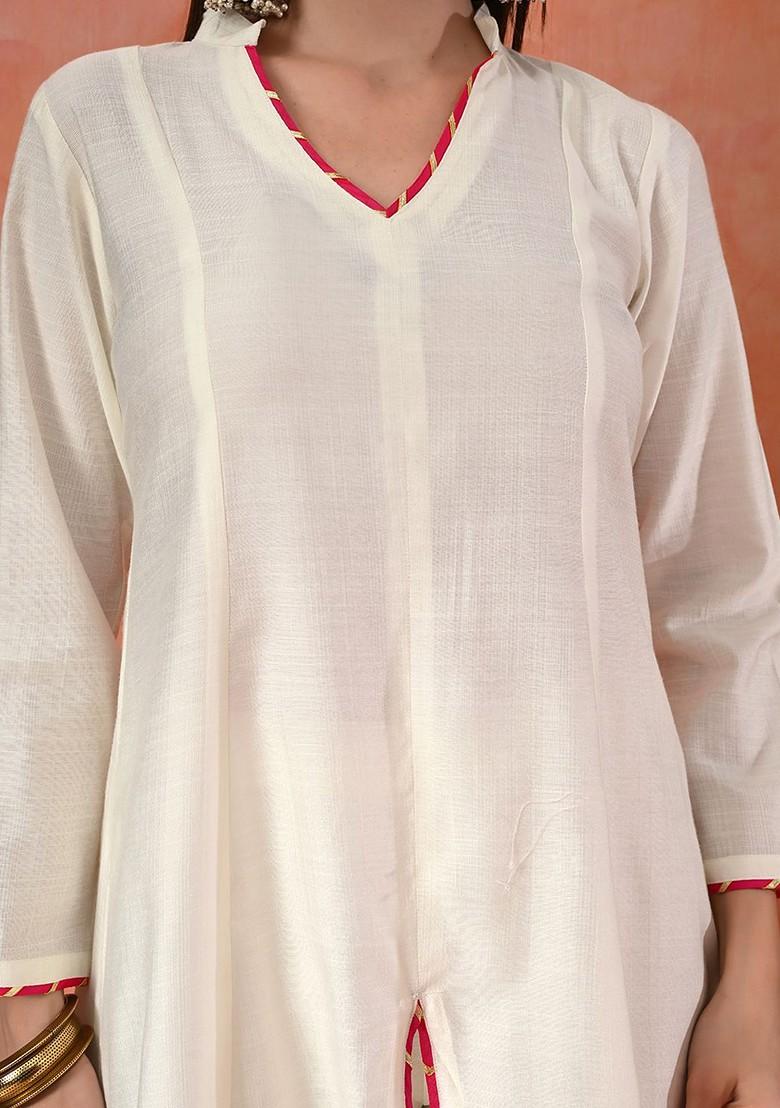 White Solid Blended Kurta Set - Indya