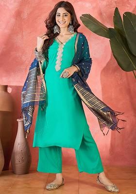 Sea Green Embroidered Blended Kurta Set