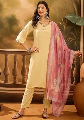 Cream Yoke Design Blended Kurta Set
