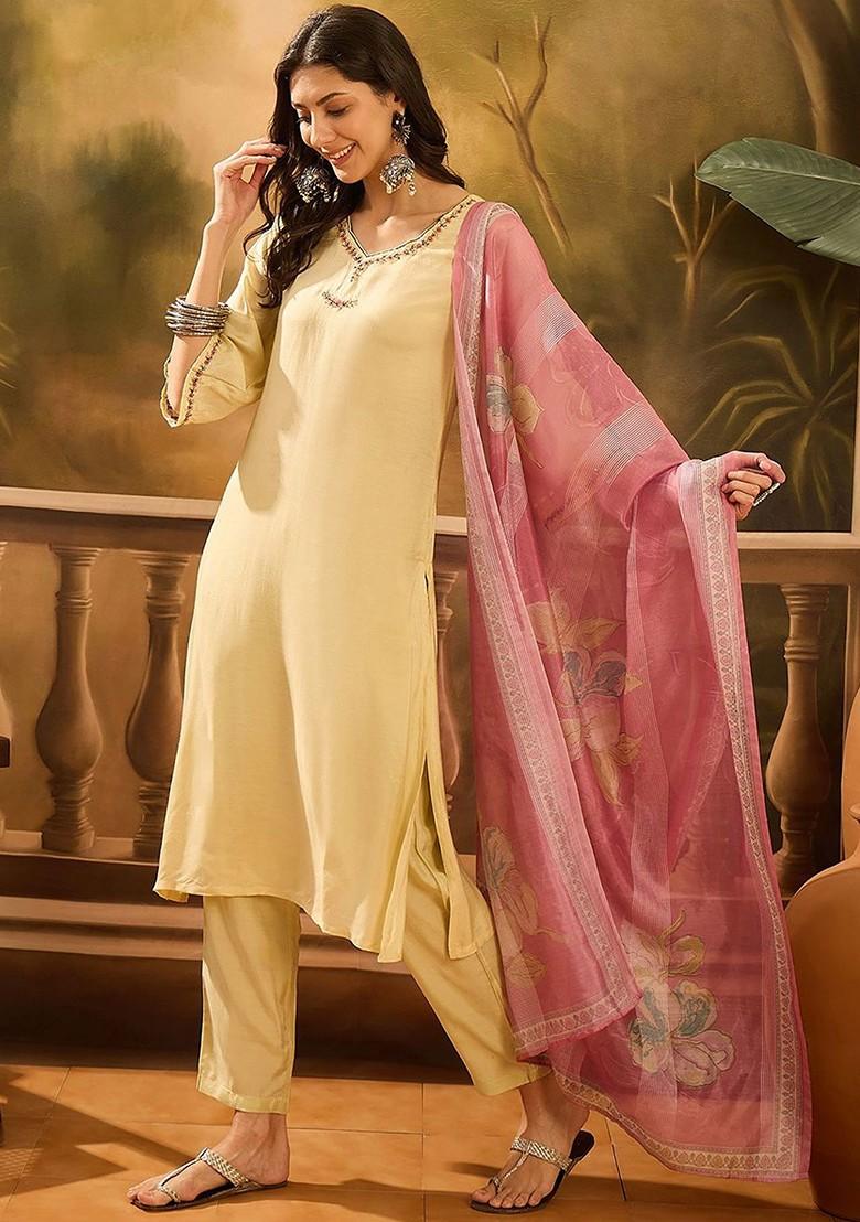Cream Yoke Design Blended Kurta Set - Indya