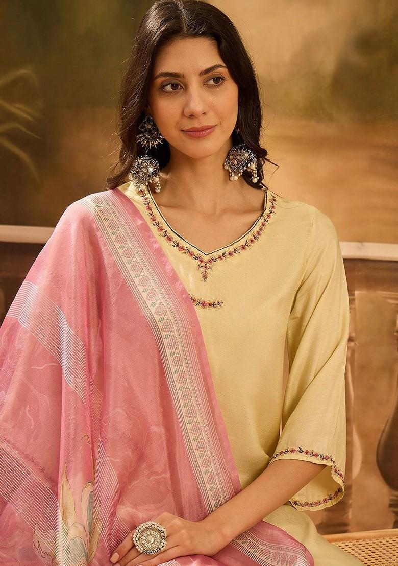 Cream Yoke Design Blended Kurta Set - Indya