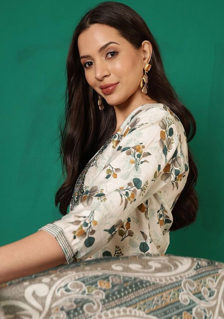 White Printed Blended Kurta Set - Indya