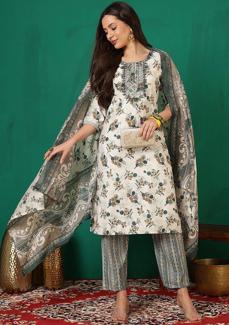 White Printed Blended Kurta Set - Indya