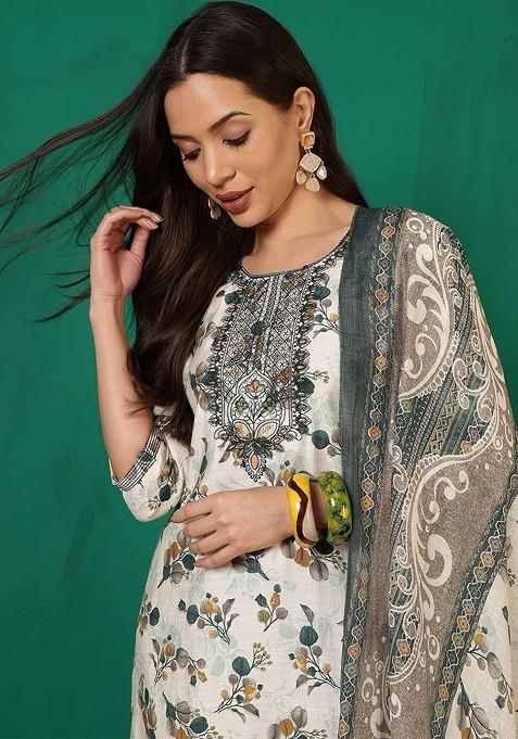 White Printed Blended Kurta Set